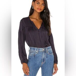 Nation LTD Rochelle Peasant Top Navy Large Shirred Satin Viscose Coastal